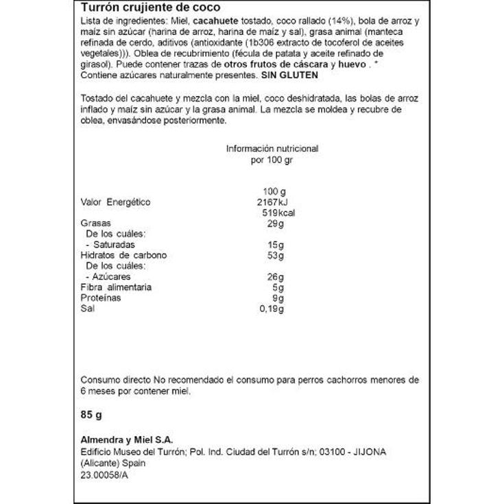 TURRON CRUJIENTE DE COCO EL LOBO PQTE 85 GR