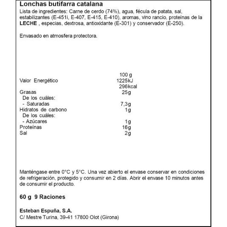 BUTIFARRA CATALANA LONCHAS ESPUÑA SOBRE 60 GR