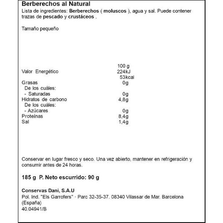 BERBERECHOS AL NATURAL (PEQUEÑO DANI LATA 90 GR