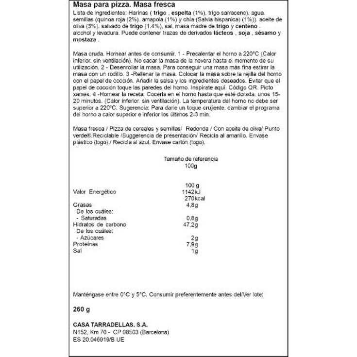 MASA PIZZA 5 CEREALES TARRADELLAS UNIDAD 260 GR