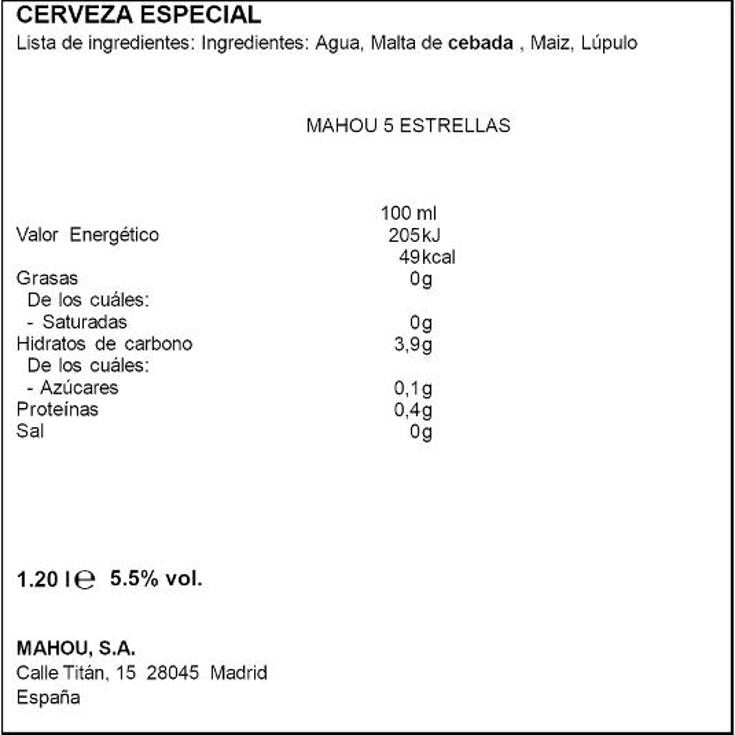 CERVEZA 5 ESTRELLAS MINI 6X20 MAHOU PACK 120 CL