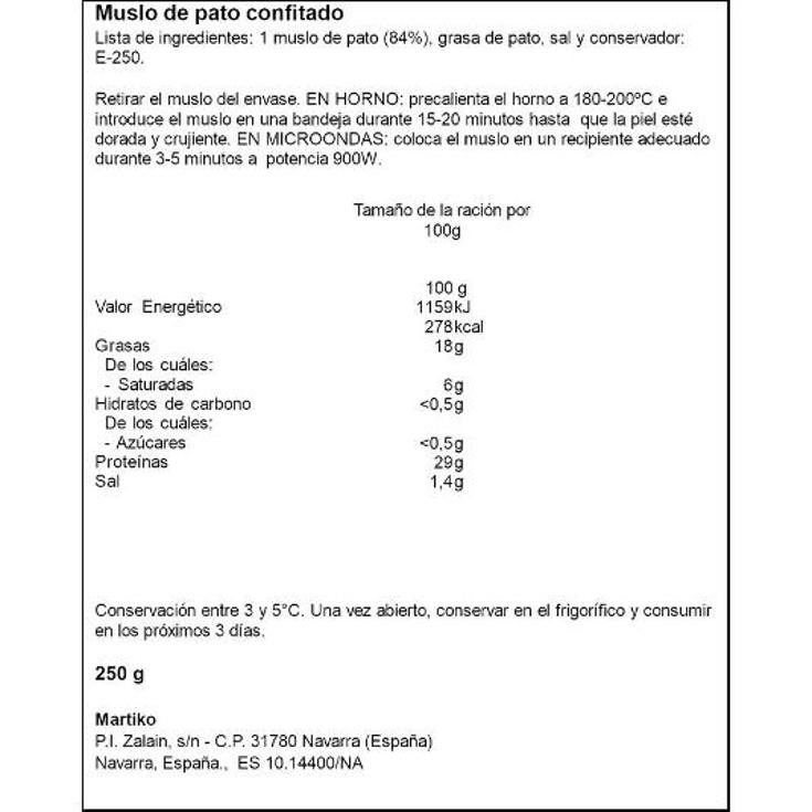 MUSLO PATO CONFITADO MARTIKO UNIDAD 250 GR