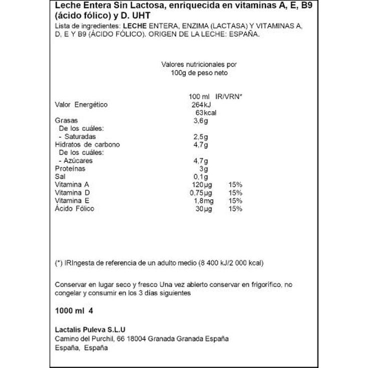 LECHE ENTERA SIN LACTOSA SPAR BRIK 1 LT