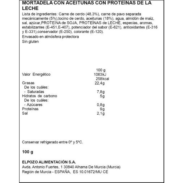 MORTADELA ACEITUNAS LONCHAS ELPOZO SOBRE 100 GR