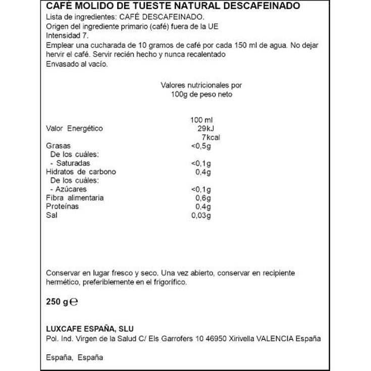 CAFE MOLIDO DESCAFEINADO NATURA SPAR PQTE 250 GR
