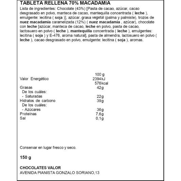CHOCOLATE RELL. 70% MACADAMIA VALOR PTLLA 150 GR