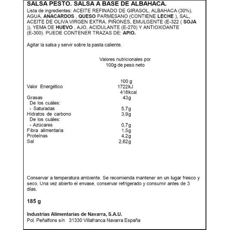 SALSA PESTO VERDE SPAR FRASCO 185 GR