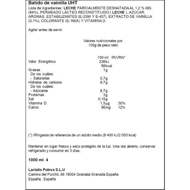 BATIDO VAINILLA BTLLA 1 LT