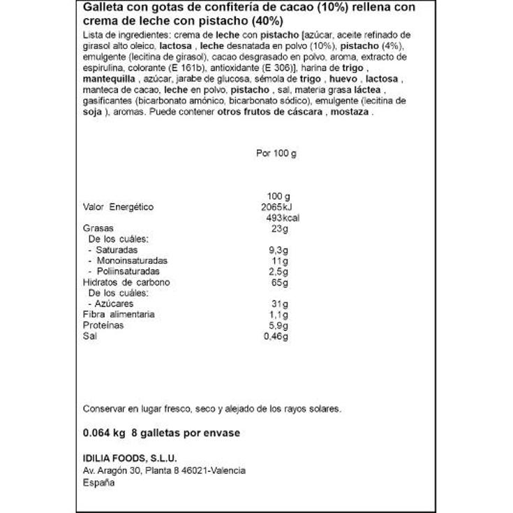 GALLETAS COOKIES RELL.PISTACHO NOCILLA PQTE 64 GR