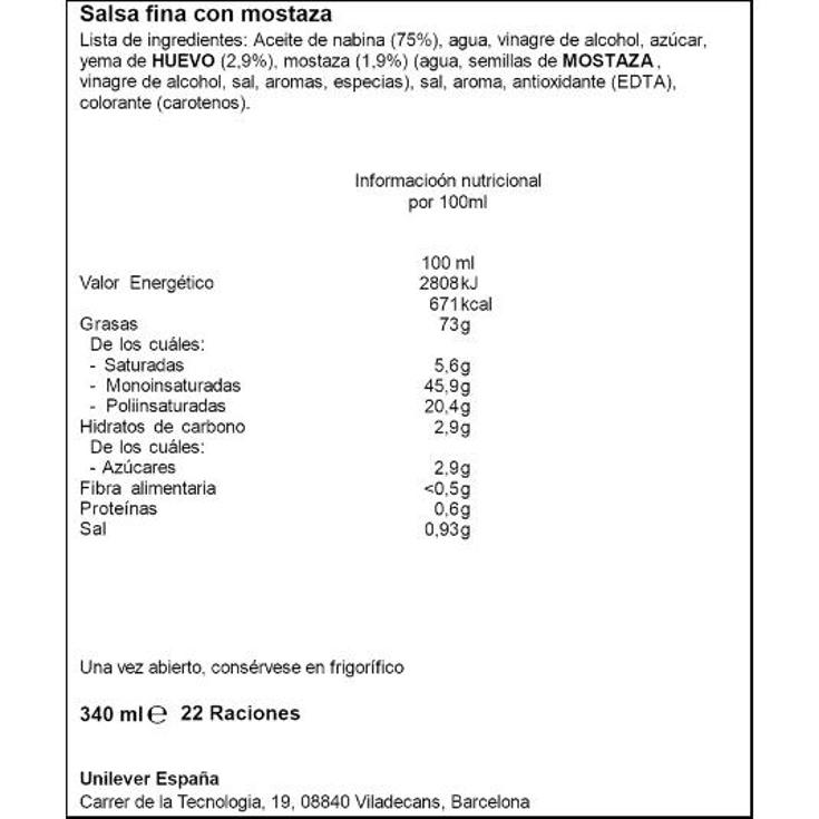 MAYONESA ORG.FRANCESA C/MOSTAZA HELLMANNS FRASCO 340 ML