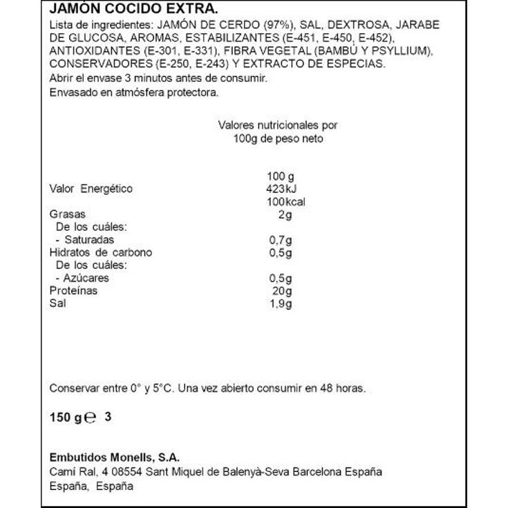 JAMON COCIDO LONCHAS EXTRA 97% SPAR SOBRE 150 GR