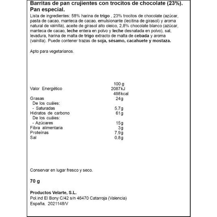 BARRITAS PAN C/CHOCOLATE ARTESA VELARTE BOLSA 70 GR
