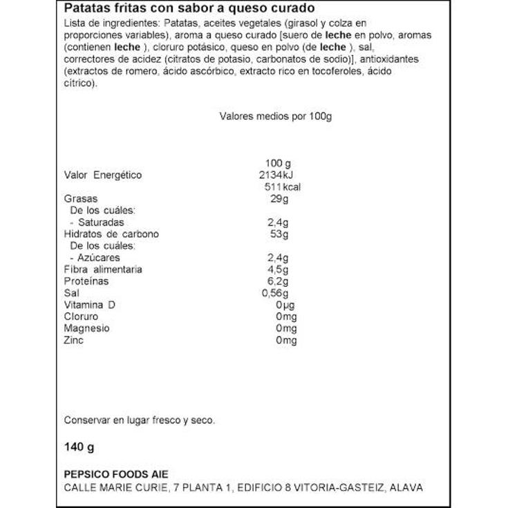 PATATAS LAYS SABOR QUESO CURADO BOLSA 140 GR