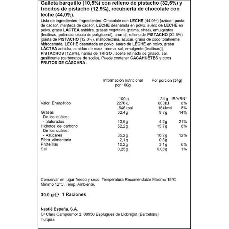 CHOCOLATINA CON PISTACHO NESTLE PQTE 30 GR