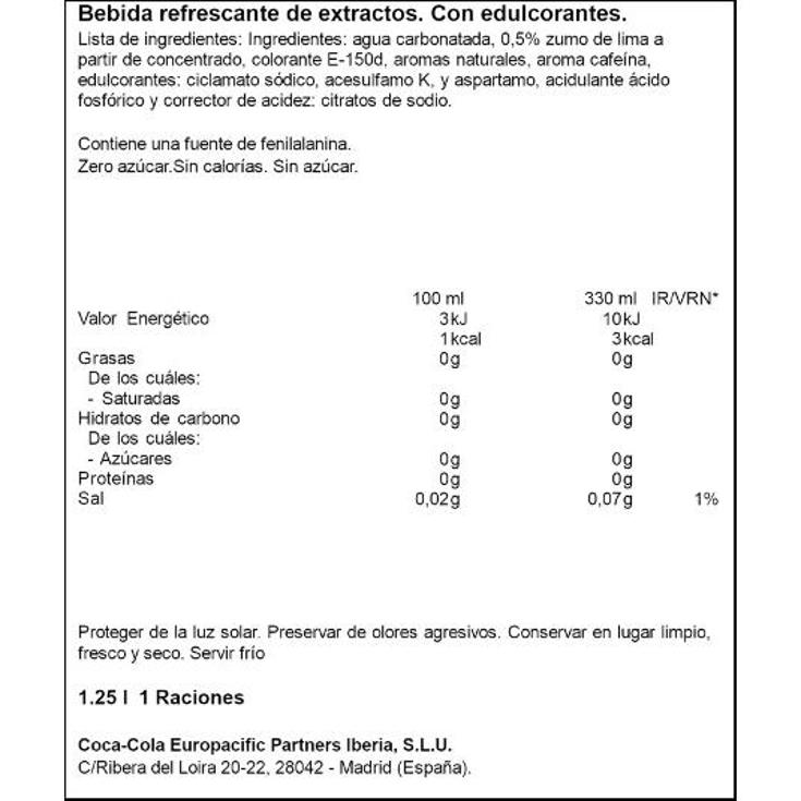 COCA COLA ZERO LIMA COCA COLA PET 1250 ML
