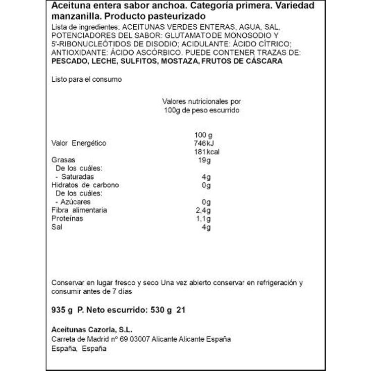 ACEITUNA MANZANILLA C/H ANCHOA SPAR FRASCO 530 GR
