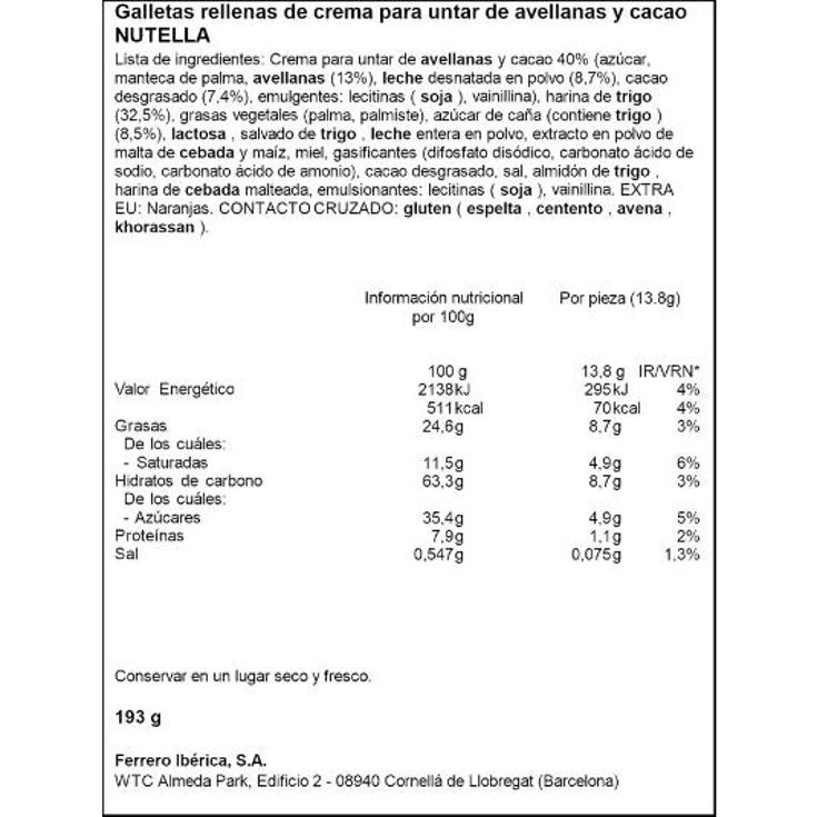 GALLETA RELLENA CHOCOLATE T.14 NUTELLA PQTE 193 GR
