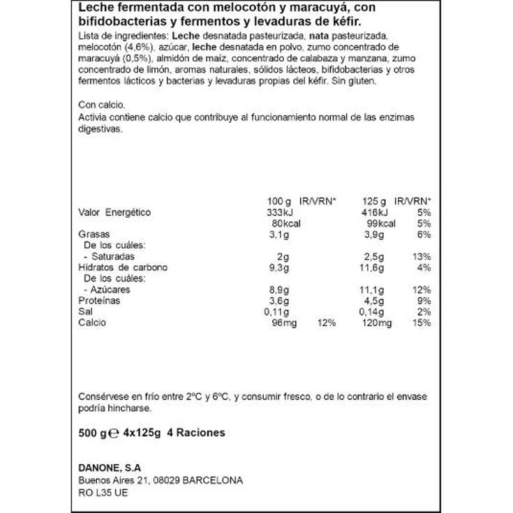 ACTIVIA KEFIR MELOCOTON/MARA X4 DANONE PACK 500 GR