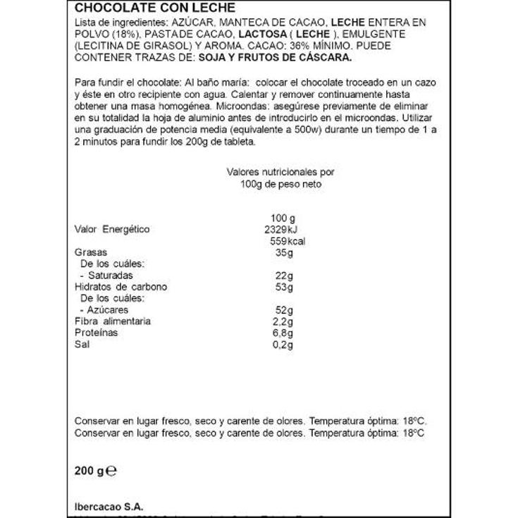 CHOCOLATE LECHE FUNDIR POSTRES SPAR UNIDAD 200 GR