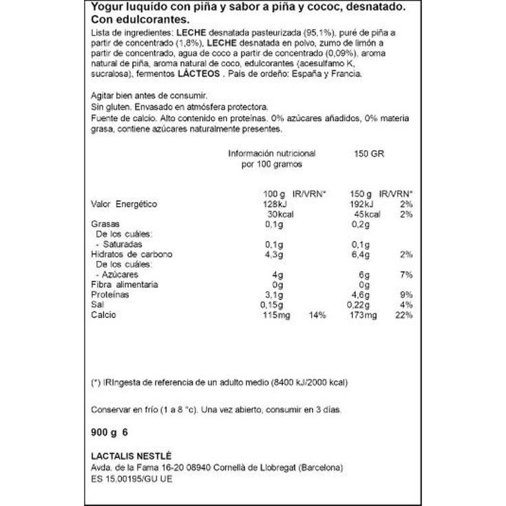 YOGUR LIQUIDO PIÑA COCO 0% SVELTESSE BTLLA 900 GR