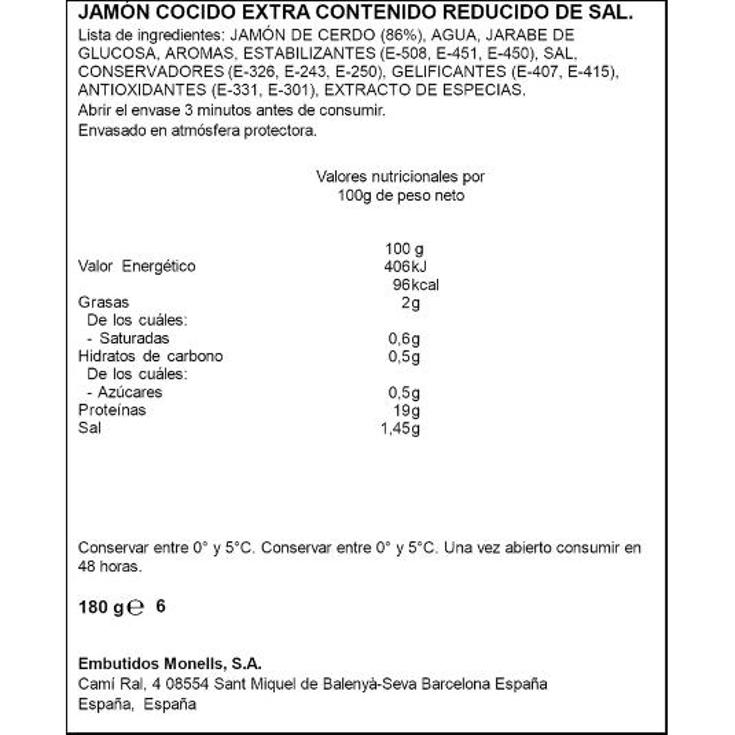 JAMON COCIDO RED.SAL LONCH.FINA SPAR SOBRE 180 GR