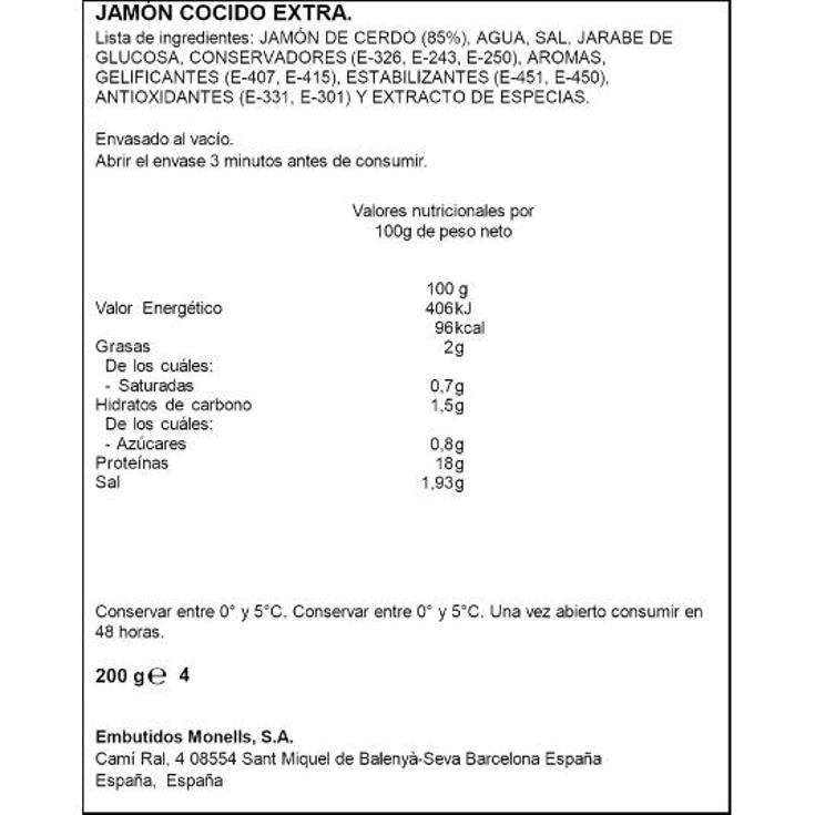 JAMON COCIDO EXTRA LONCHAS SPAR SOBRE 200 GR