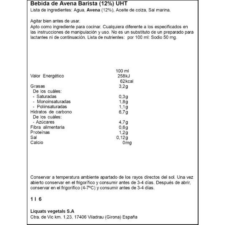 BEBIDA AVENA BARISTA YOSOY BRIK 1 LT