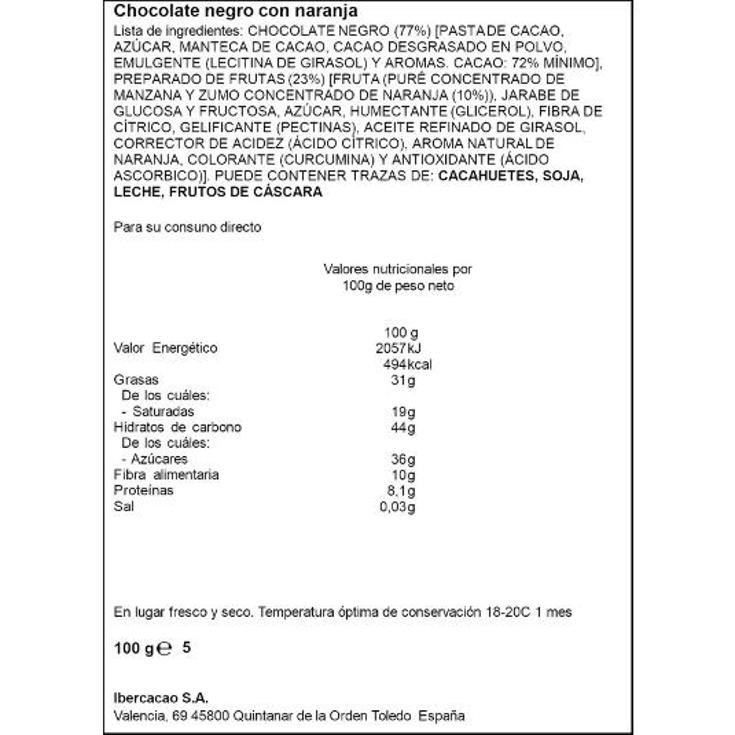 CHOCOLATE NEGRO 72% C/NARANJA SPAR UNIDAD 100 GR