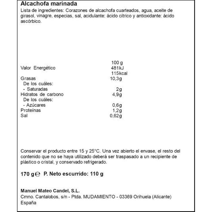 ALCACHOFA MARINADA CANDEL FRASCO 110 GR