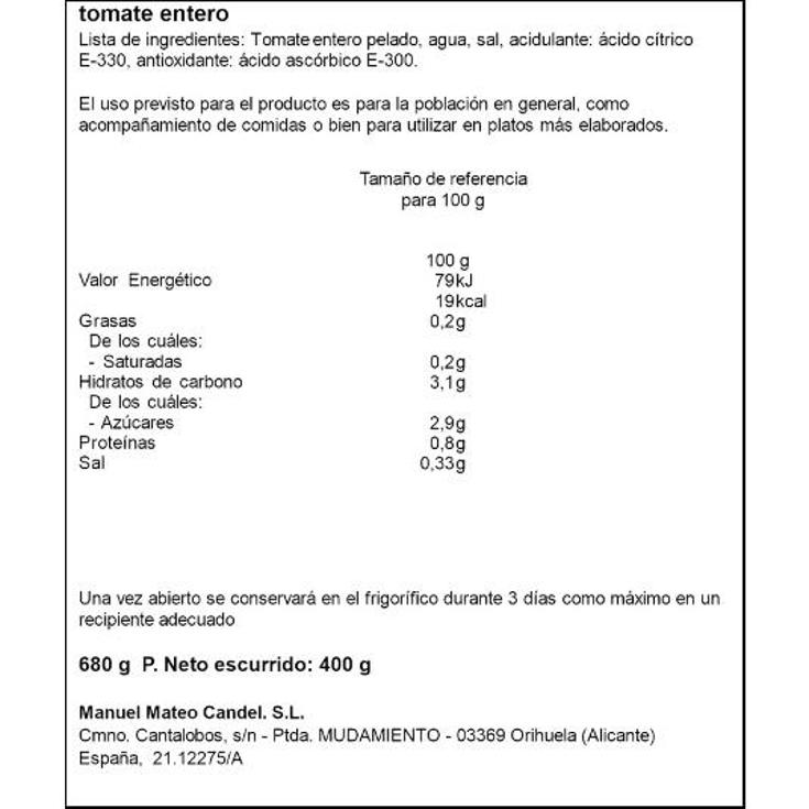 TOMATE NATURAL ENTERO CANDEL FRASCO 350 GR