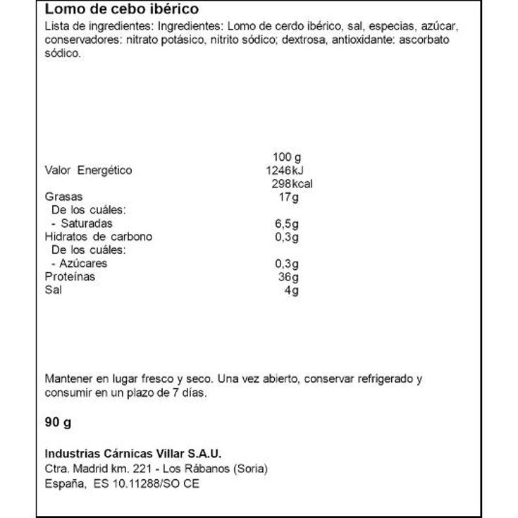 LOMO CEBO IBERICO 50% LONCHAS VILLAR SOBRE 90 GR