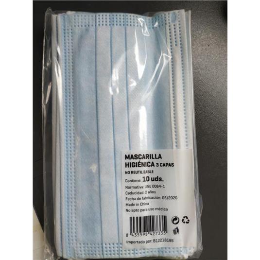 MASCARILLA HIGIEN.AZUL 3 CAPAS PQTE 10 UD