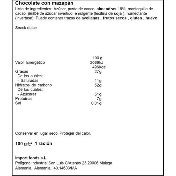 CHOCOLATE CON MAZAPAN MARZIPAN RITTER PTLLA 100 GR