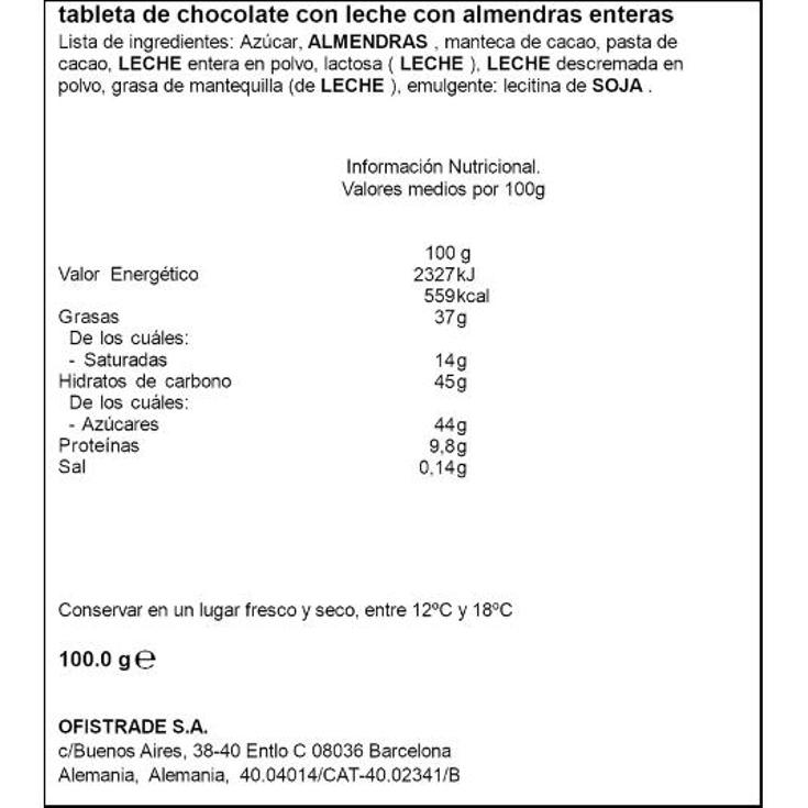 CHOCOLATE ALMENDRA GANZE MANDEL RITTER PTLLA 100 GR