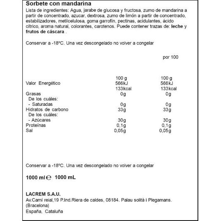 HELADO TARRINA SORBETE MANDARIN MENORQUINA TRRNA 615 GR