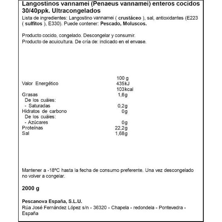 LANGOSTINO COCIDO 30/40 PESCANOVA ESTCH 2 KG