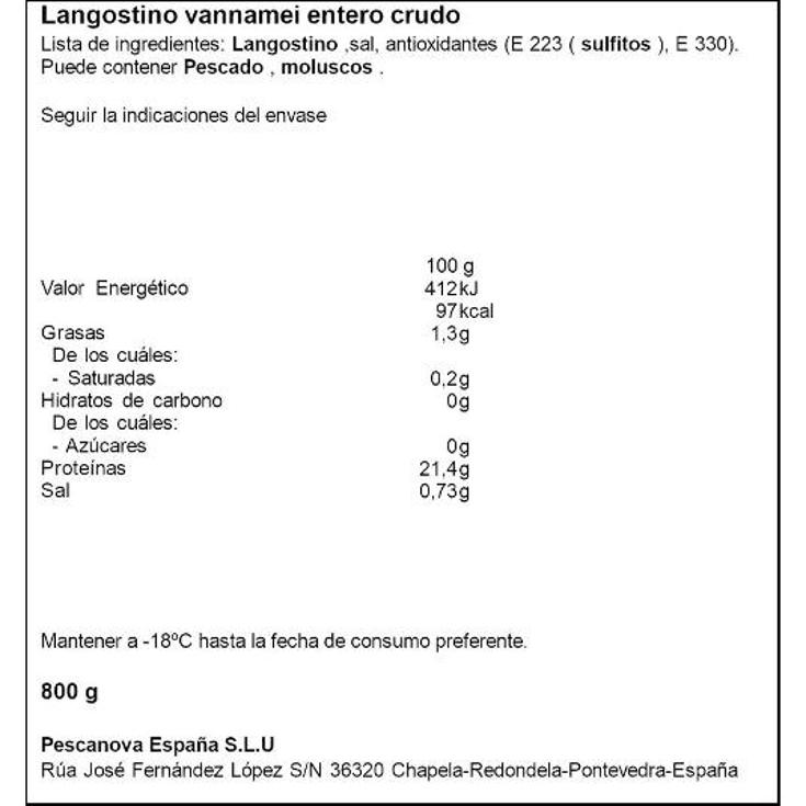 LANGOSTINO CRUDO 24/40 PESCANOVA ESTCH 800 GR