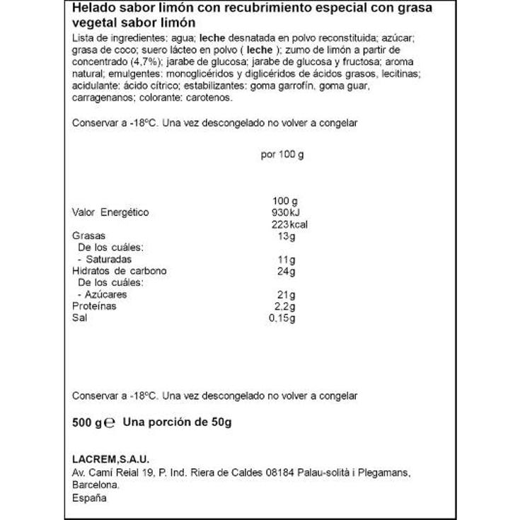 HELADO TARTA LIMON MENORQUINA UNIDAD 500 GR