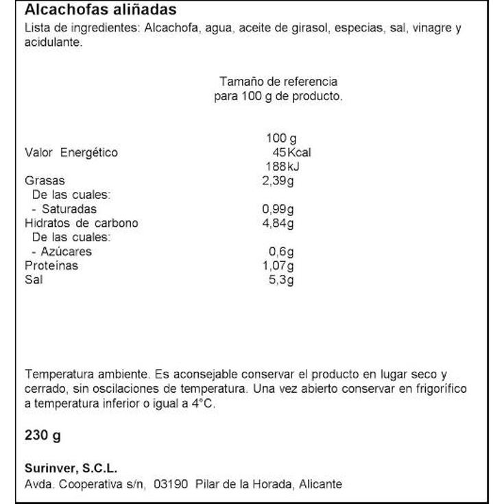 ALCACHOFAS CON AOVE BANDEJA SURINVER TARRI. 250 GR