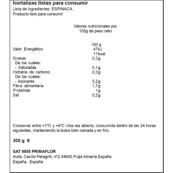 ESPINACAS HOJA SPAR BOLSA 300 GR