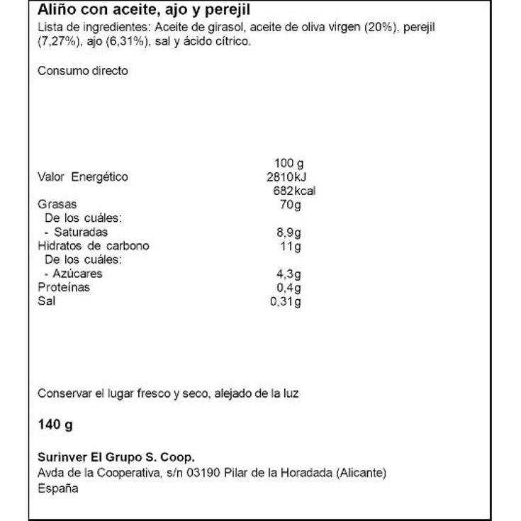 ALIÑO AOVE AJO Y PEREGIL SURIVER BDJA 230 GR