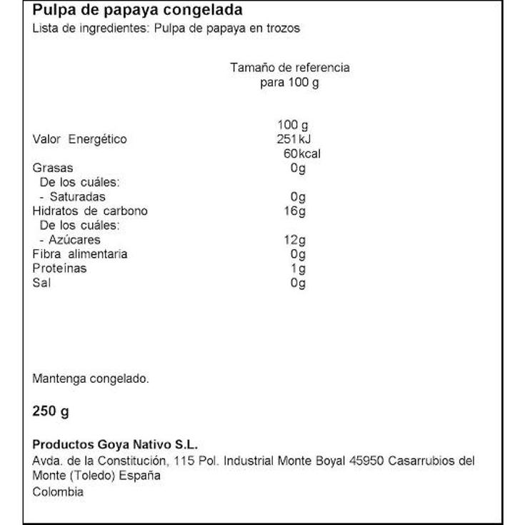 PULPA DE PAPAYA CONGELADA GOYA BOLSA 250 GR