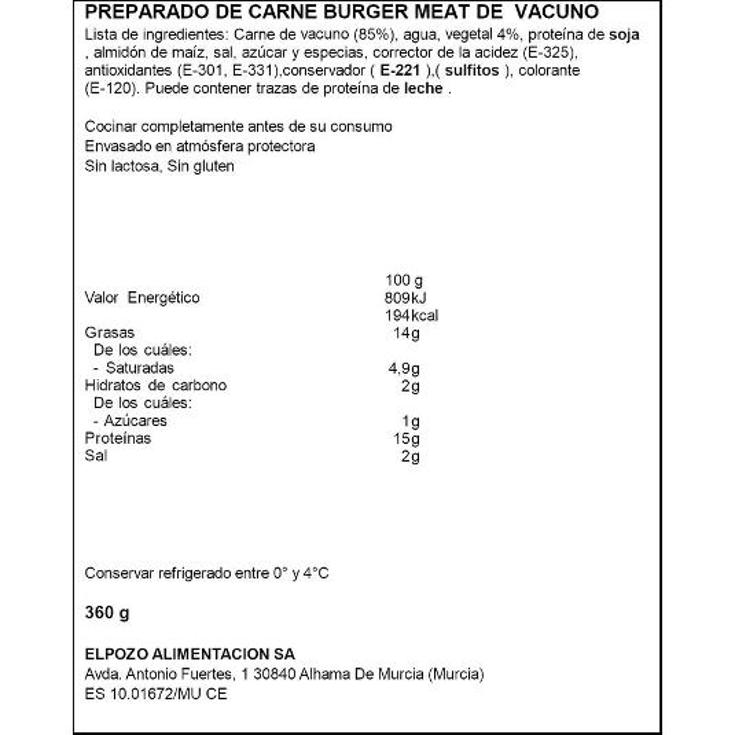 BURGER VACUNO X4 EL POZO BDJA 360 GR