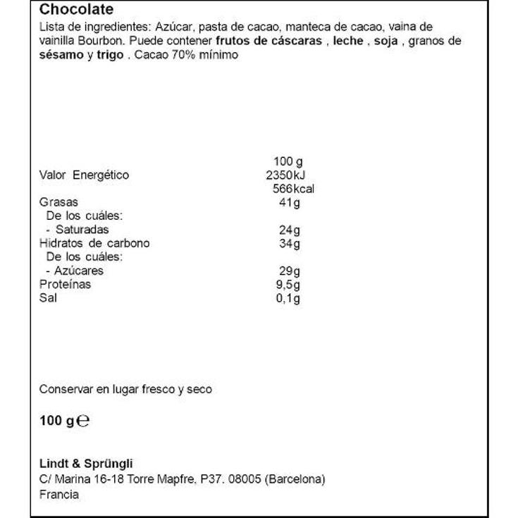 CHOCOLATE NEGRO 70% EXCELLENCE LINDT PTLLA. 100 GR