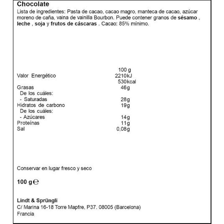 CHOCOLATE NEGRO 85% EXCELLENCE LINDT PTLLA. 100 GR