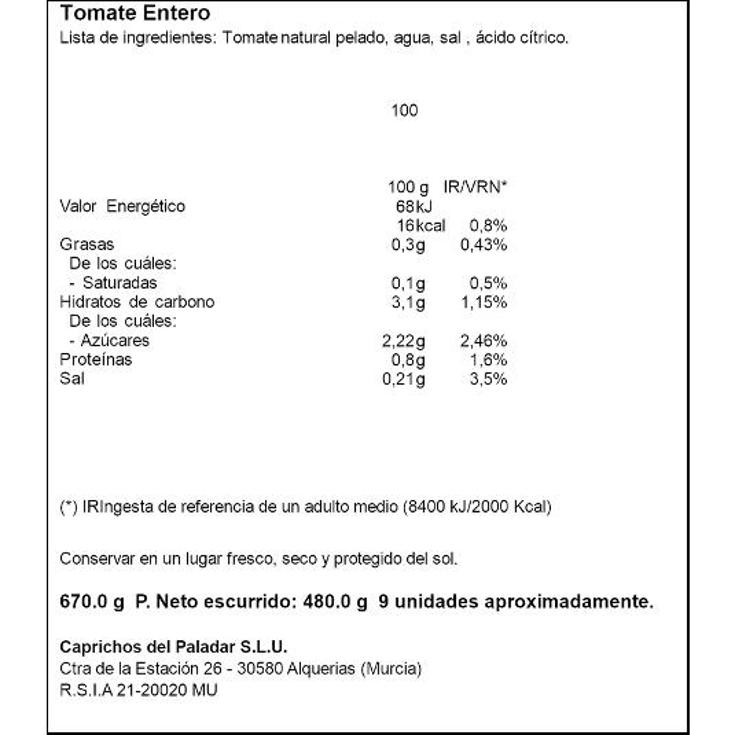 TOMATE NATURAL ENTERO ARROYO FRASCO 480 GR