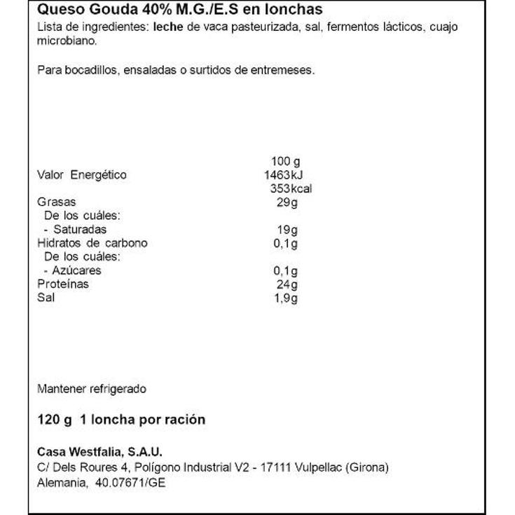QUESO LONCHAS GOUDA WESTFALIA BOLSA 120 GR