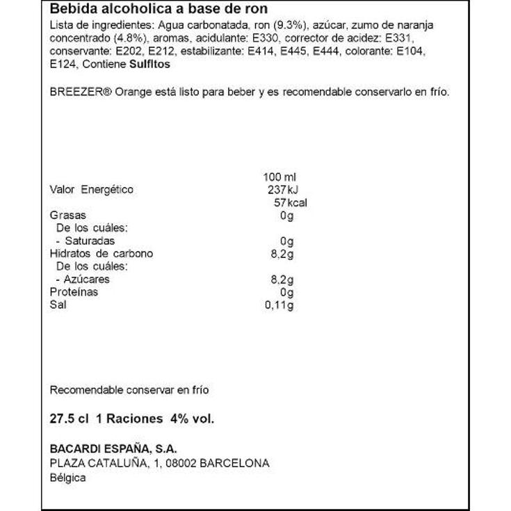 BREEZER NARANJA 4º BACARDI BTLLA 275 ML