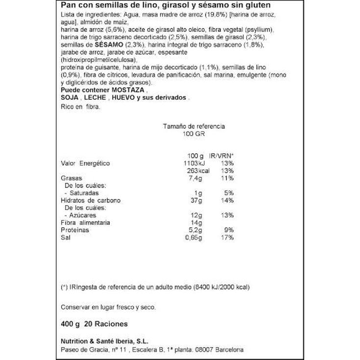 PAN DE SEMILLAS SIN GLUTEN GERBLE UND 400 GR