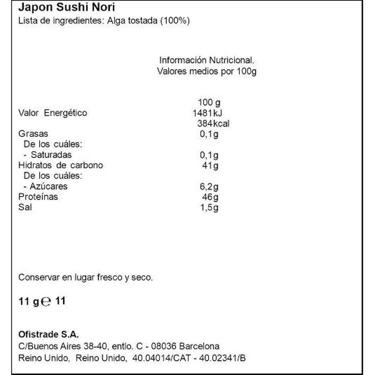 JAPON:SUSHI NORI BLUE DRAGON UNIDAD 11 GR
